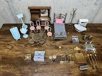 Vintage Doll House Furniture Lot Dining Room Bedroom Brass Wood Porcelain • $71.99