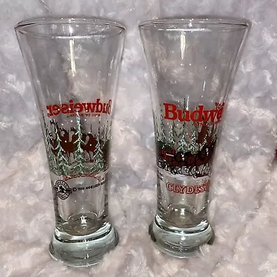 1989 Vintage Budweiser Clydesdales Christmas Winter Scene 2 Pilsner Beer Glasses • $15.99