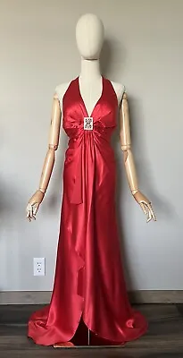 Vintage 1970s Mike Benet Size 10 Red 100% Silk Halter Gown Maxi Dress Formal • $69.99