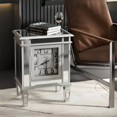 Mirrored End Table Sparkly Silver Side Table Accent Nightstand With Mantel Clock • $125.93