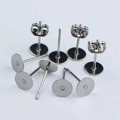 100pcs Stainless Steel Blank Pad Flat Earring Post Studs Base Pins With Ear Back • £5.40