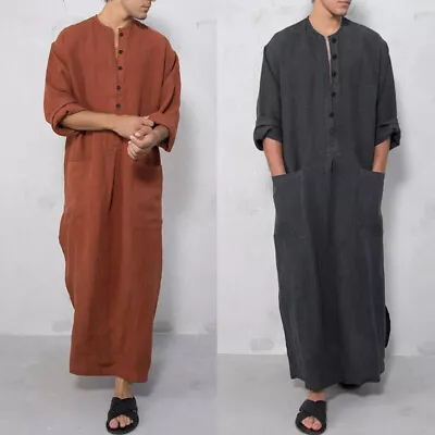 Mens Islamic Muslim Abaya Kaftan Thobe Saudi V-neck Long Sleeve Jabbah Robe • £5.99