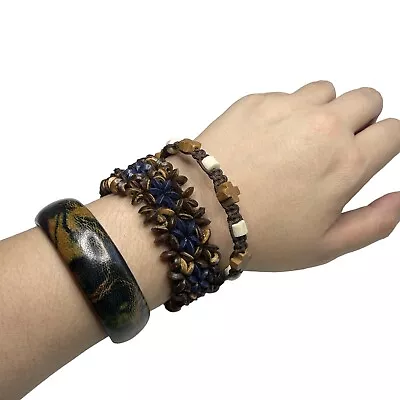 Macrame Olive Wood Marble Faux Leather Coconut Beads Bracelet Trio Fun Jewelry • $10