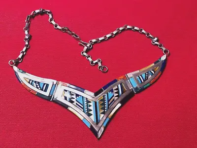 VINTAGE NAVAJO Or ZUNI NATIVE AMERICAN TURQUOISE INLAY STERLING BIB NECKLACE • $198