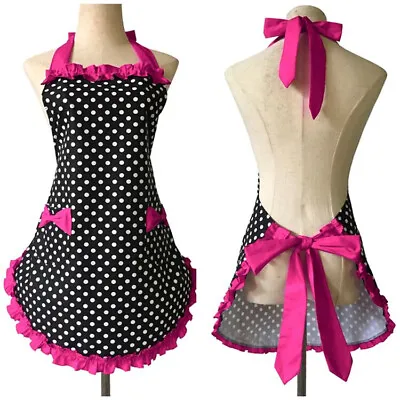 Women Polka Dots Halter Neck Apron Smock Pocket Ruffle Kitchen Cooking Baking • $30.04