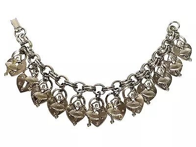 Vintage Silver Tone Ballerina & Heart Shaped Padlock Rolo Link Charm Bracelet • $30