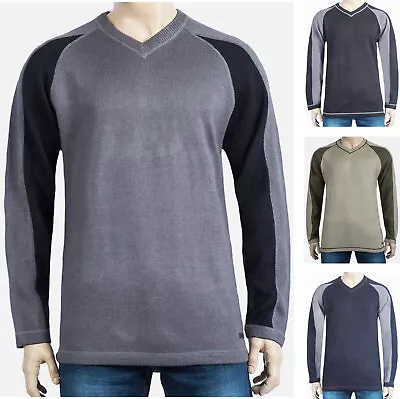 Mens Casual Contrast Ragan Sleeves Long Sleeve V Neck Sweater Jumper Pullover • £9.99