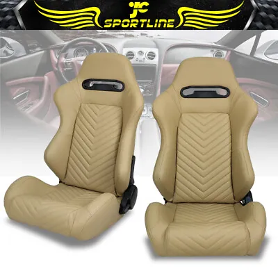 Universal Reclinable Racing Seats 2PC Dual Sliders Brown PU Carbon Leather Back • $349.99