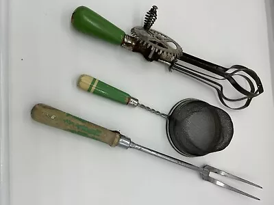  Kitchen Cooking Utensils - Eggbeater Strainer Fork Vintage Lot 3 Wood Handle • $4