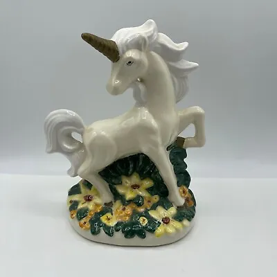 Vintage Ceramic 1983 Hand Painted White Unicorn In Flowers • $37.99