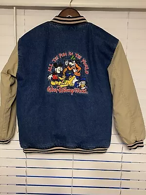 Vintage Walt Disney Mickey Mouse And Friends Denim Varsity Jacket Kids Large • $65