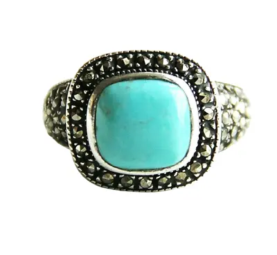 LT Sterling Silver 925 Turquoise Stone And Marcasite Ring Sz 7 *** 9.9 Gr • $34.99