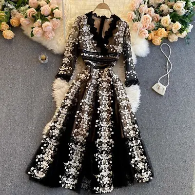 Ladies Embroidery Flower A-line Dress Women V Neck Elegant Vintage Clothing • $162.71