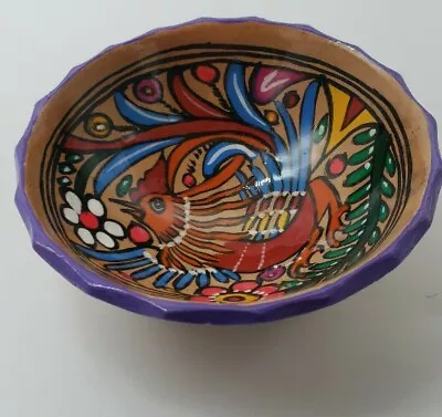 Art Pottery Footed Salsa Trinket Handpainted Bowl Bright Chicken Mexico • $12.95