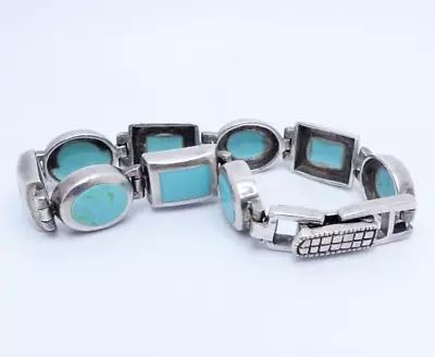 Sterling Silver Vintage Turquoise Bezel Tennis Bracelet 6  Wrist • $49.99