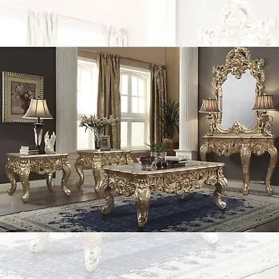 Classical Champagne Gold 3PC Coffee Table Set Carved Wood Traditional Furniture • $3299.99