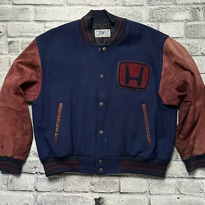 Vintage Honda Chenille “H” Logo Varsity Jacket Wool Suede Leather Sz XL Mens • $100