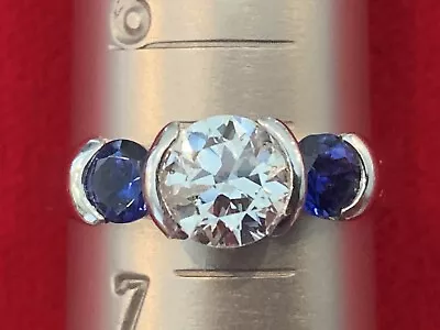 Platinum Diamond Ring Solitaire European Cut Diamond Sapphire Vintage Engagement • $2850