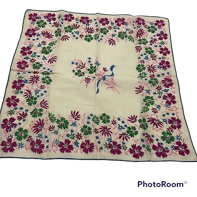 Vintage 1950s Floral Print Flower Bouquet Handkerchief Hankie Purple Green • $4.99