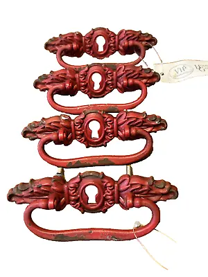 Lot Of 4 Vintage Cast Iron 5 Inch Drawer Pull ‘s Plaque Red New • $15