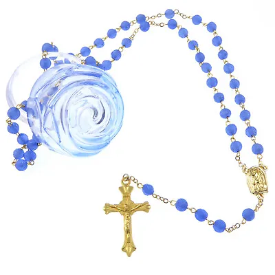 Blue Rose Flower Our Lady Of Lourdes Rosary Beads In Box Gold Chain Holy Water • £13.99