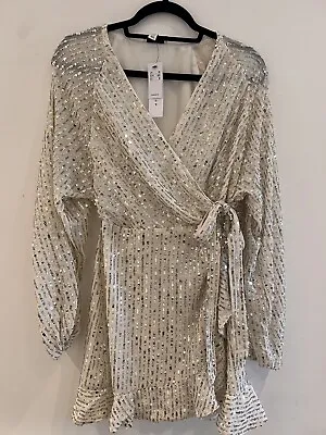£20 • Buy Topshop Sequin Ruffle Wrap Mini Dress In Ivory Silver Embellishment - Size 12
