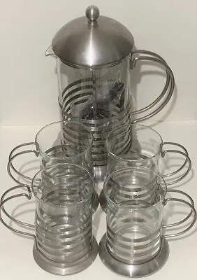 Vintage PYREX 1 Litre Cafetière Coffee Maker And 4 Mugs Glass And Brushed Metal • £20