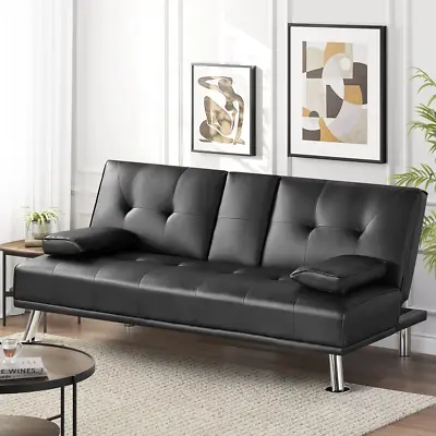 Modern Faux Leather Futon Sofa Bed Fold Up & Down Recliner Couch W/ Cup Holder • $169.66