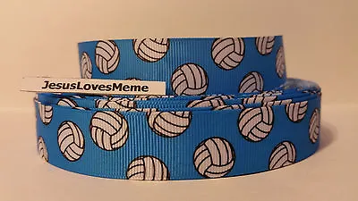 Grosgrain Ribbon Volleyballs On Blue Sports Teams Robin Egg Blue Play Ball 7/8  • $1.25