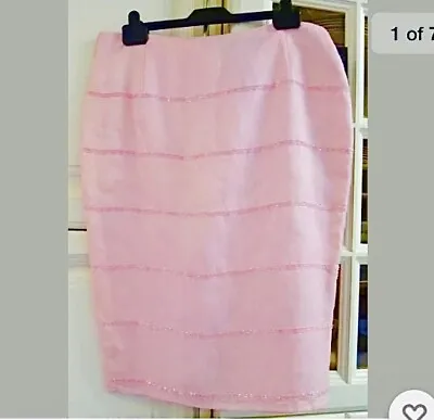 JASPER CONRAN Taffeta Like Pink Bugle Bead Trim Lined Skirt Size 14 NWT £60 • £9.99