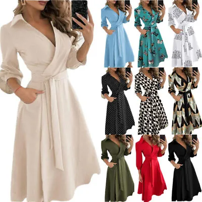 $28.76 • Buy Womens Long Sleeve Belted Midi Dress Ladies V Neck Party Formal Work OL Dress M