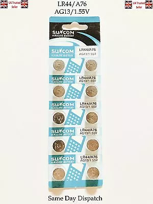 10 X Ag13 Lr44 Sr44 L1154 357 A76 Alkaline Button Coin Cells Batteries Suncom • £1.95