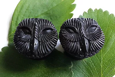 1 Pair Organic Carved Hooter Owl Ebony Black Areng Wood Ear Plugs Tunnels Gauges • $19.99