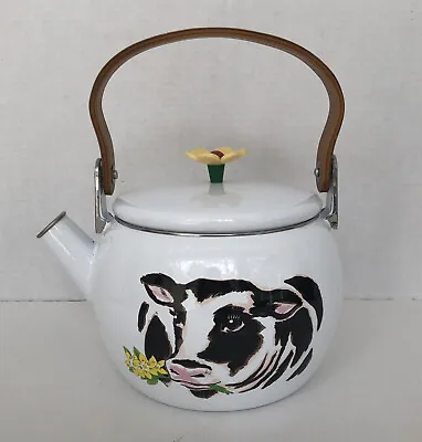 VTG Copco White Enamel Tea Kettle Pot Hardwood Handle Cow With Flowers Farmhouse • $24.99