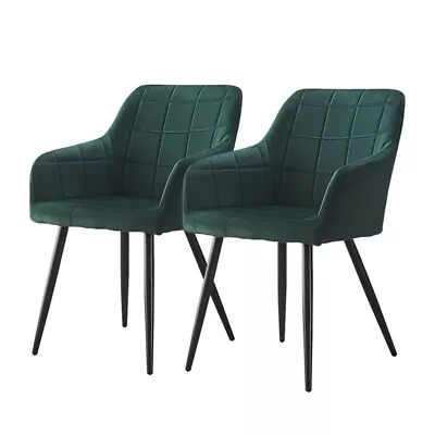 Set Of 2 Green Velvet Dining Chairs With Arm Rest Kitchen Dining Room Chairs • £95.99