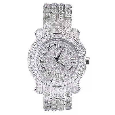 Men's Luxury Hip Hop Gold Plated Lab Diamond Bust Down Iced Band Watch WM 7341S • $22.99