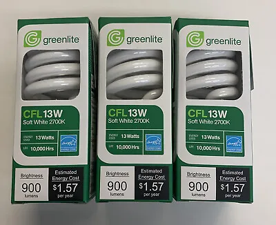 3 Greenlite CFL Soft White Light Bulb 13-Watt 60 Watt Replacement 2700k • $11.99