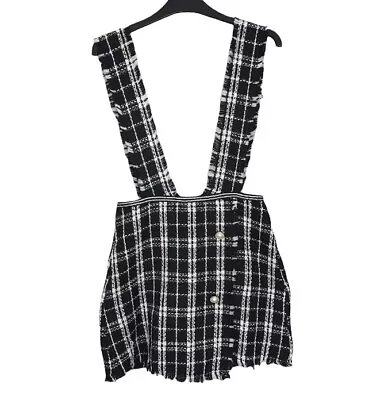 Women's Dress Black White Size 6 Plaid Raw Trim Wide Strap Tweed Pinafore Mini • £10.99