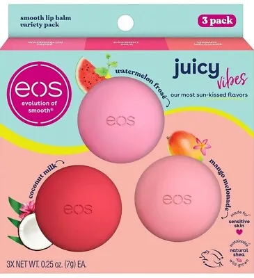 EOS Juicy Vibes Smooth Lip Balm Variety 3 Pack For Sensitive Skin Natural Shea • $18.50