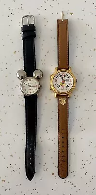 Vtg Mickey Mouse Watch Lot 2 Musical Lorus Geneva Silver Gold Tan Black Leather • $17.99