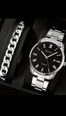 £7 • Buy Men's Silver Watch, Adjustable Strap & Matching Bracelet - Stylish Timepiece Set