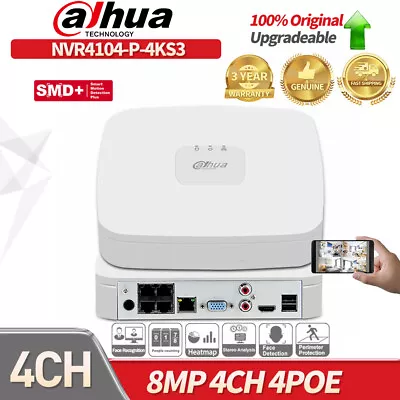 US Dahua 4K 12MP 4CH 4PoE NVR Smart 4 Channel Video Recorder NVR4104-P-4KS3 SMD+ • $128.25