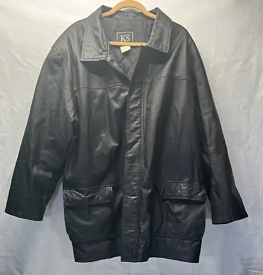 Vintage KS Men Black Leather Long Sleeve Collared Outerwear Coat Size 2XL Y2K • $19.99
