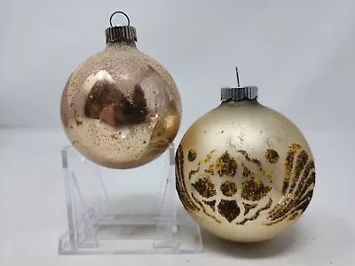 Set Of 2 Vintage Christmas Mercury Glass Shiny Brite Gold/Neutral Mica Ornaments • $19.99