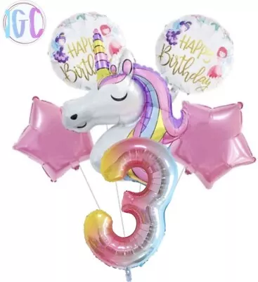 UNICORN Balloon Set Of 6 Balloons Birthday Party Girls Pink Rainbow Age 3 Years • £4.99