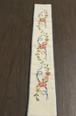 Vintage Needlepoint 45  Table RUNNER Floral Pattern Pink Roses Blue Ribbon Velve • $34.99