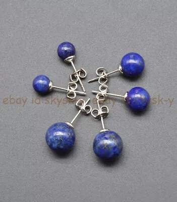 Natural 6mm 8mm 10mm Blue Lapis Lazuli Round Gemstone Beads Silver Stud Earrings • $3.58