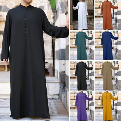 UK STOCK Mens Muslim Full Length Long Sleeve Jubba Loose Thobe Islamic Kaftan UK • £13.63