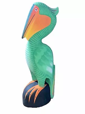 Sitting Pelican On Piling Hand Carved Wood Tropical Sculpture Bird Decor • $25