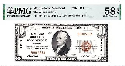 $10 1929 T1 National WOODSTOCK Vermont VT 🇺🇸 PMG 58 EPQ Choice About UNC! • $595